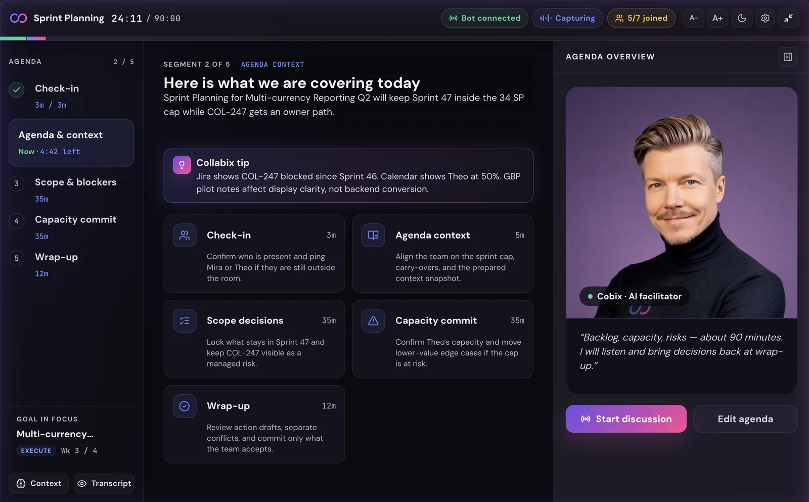 Collabix — facilitating live: the agenda, the AI facilitator and live capturing during the meeting