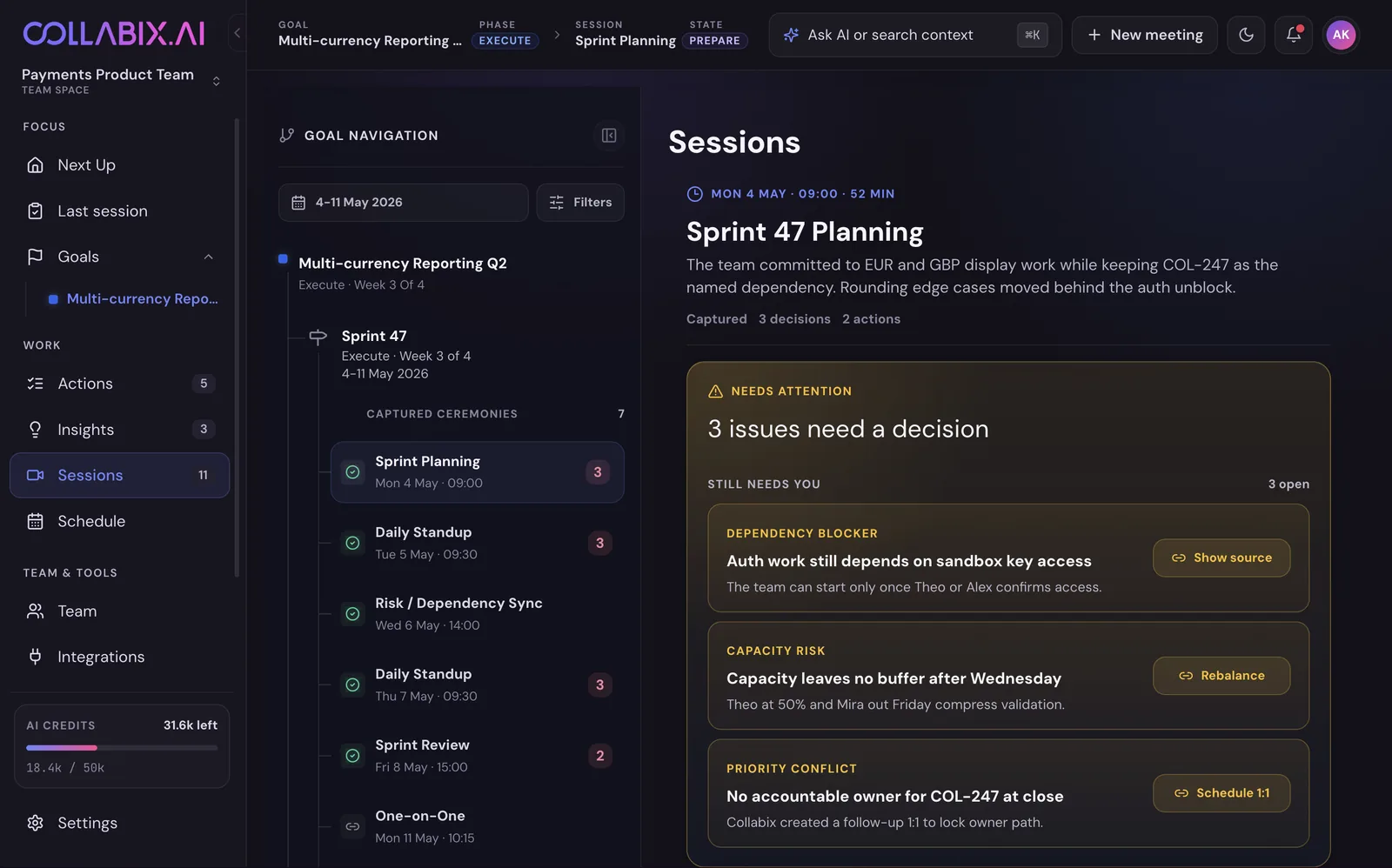 Collabix — remembering: the sessions timeline and the decisions that still need attention