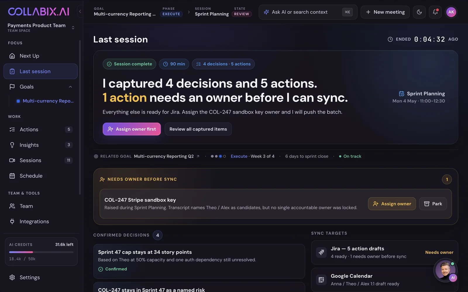 Collabix — syncing: captured decisions and actions pushed to Jira and the calendar