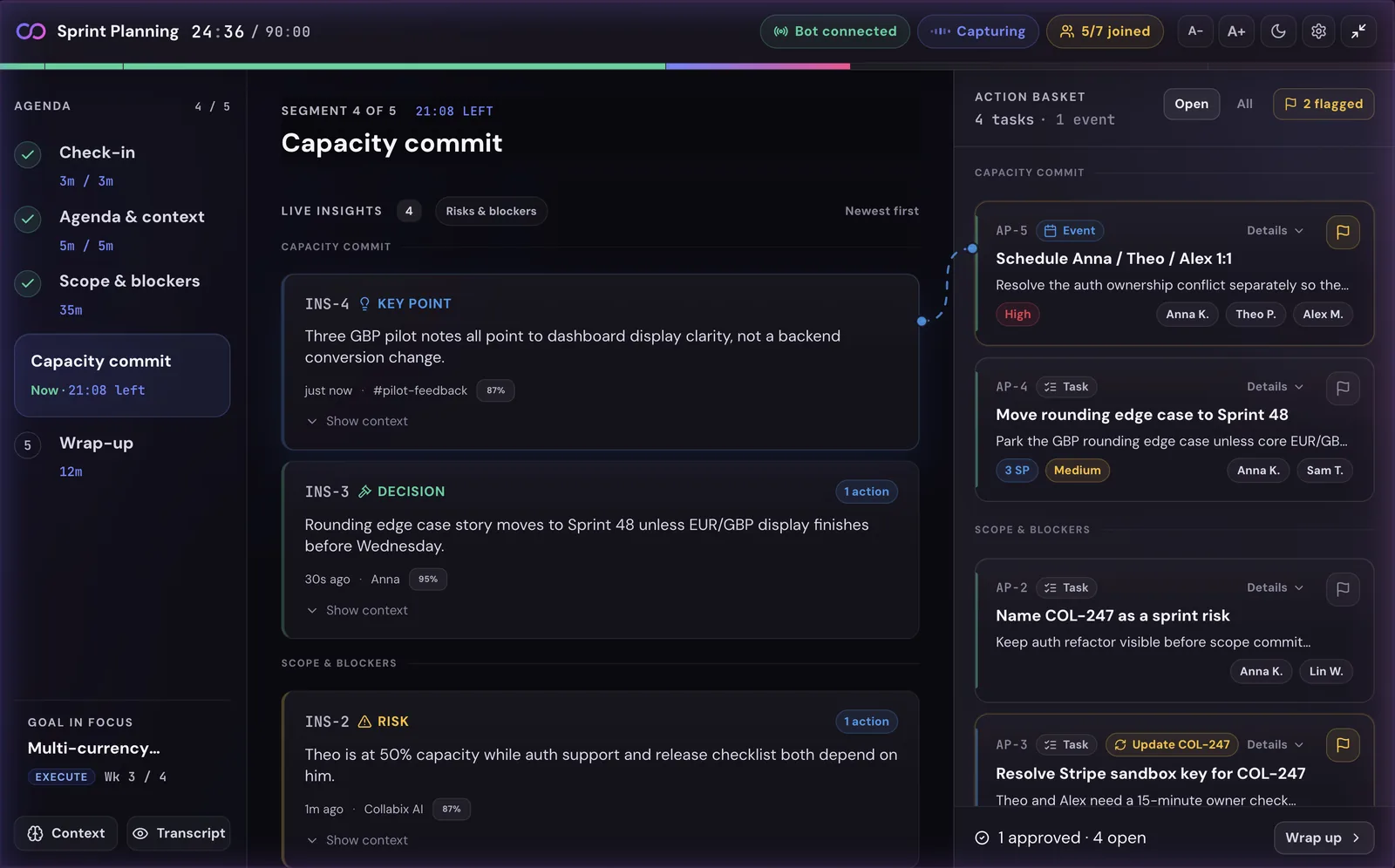 Collabix — validating live: insights, decisions and the action basket as the team approves
