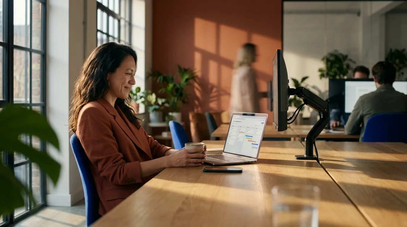 Maya, projectmanager, aan haar bureau met koffie, alles klaar voor de ochtend