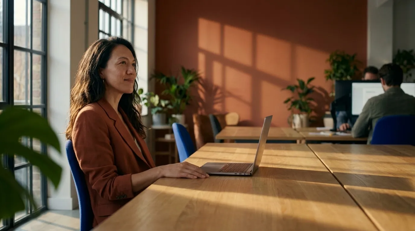 Maya, projectmanager, rustig aan haar bureau terwijl ze een besluit neemt