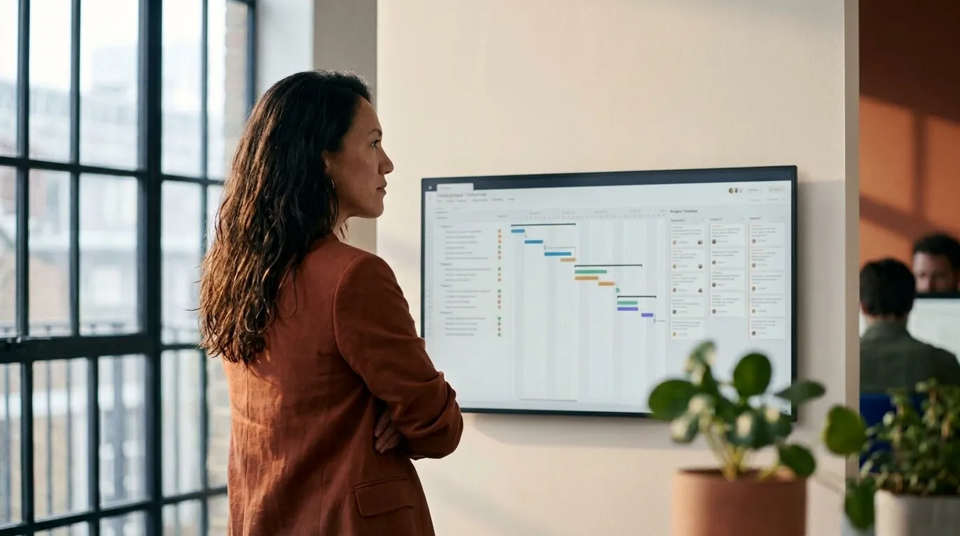 Maya, a project manager, with the whole project in view on a wall screen