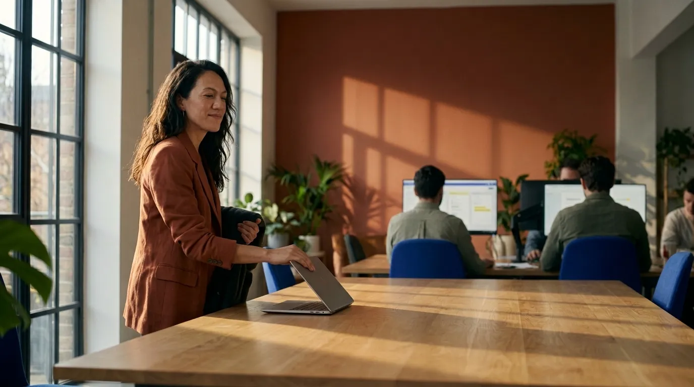 Maya closing her laptop at the end of the day, leaving on time